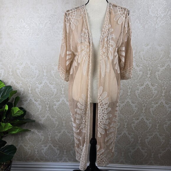 Rebellion Again One Size Boho Ivory Cream/Blush Open Front Kimono CoverUp - Picture 1 of 10